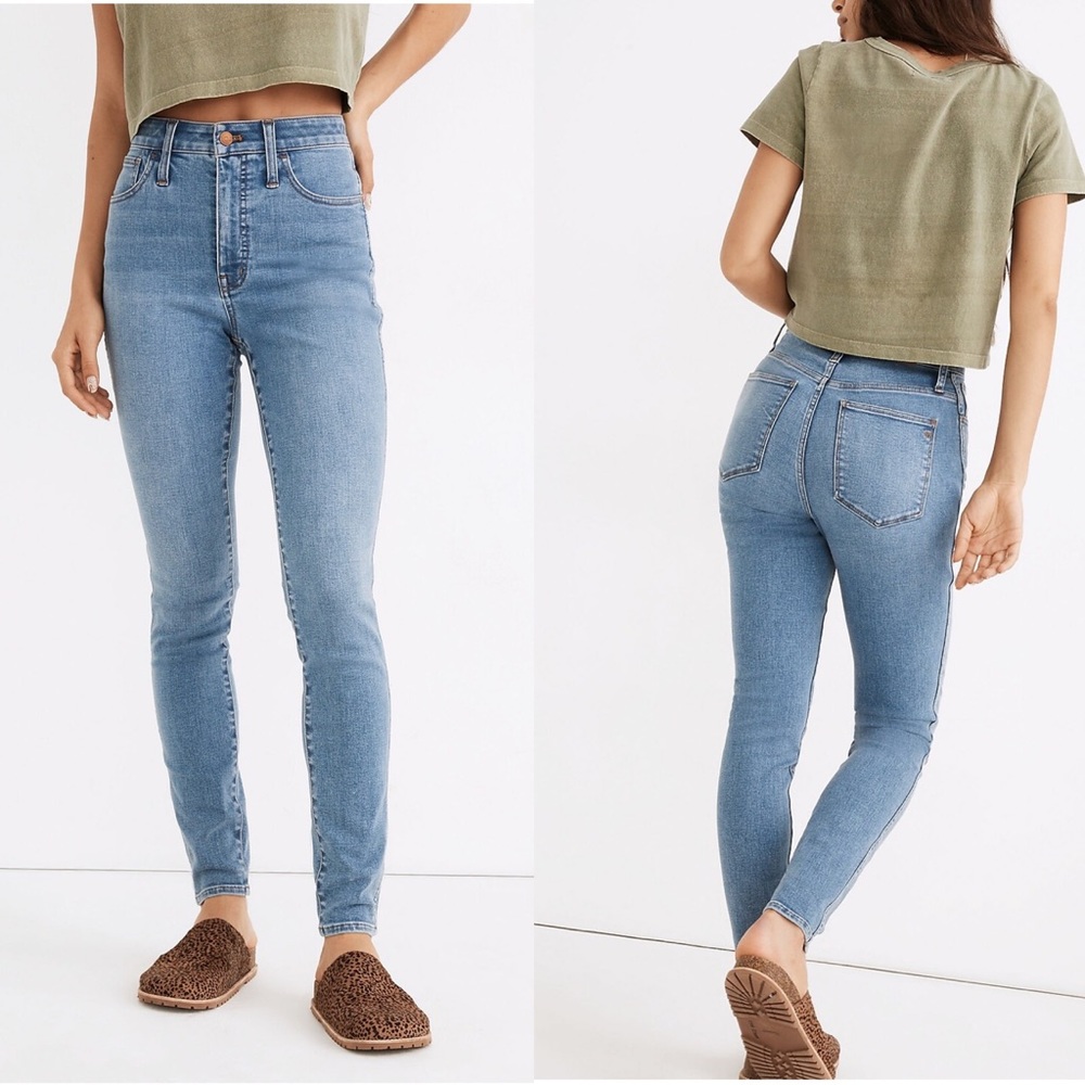 Madewell curvy road tripper high rise skinny jeans medium blue ripped knee sz 27